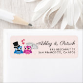 シルクハットのパラソルそして新郎のかわいいフクロウの花嫁 ラベル (インサイチュ)