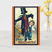 シルクハットのヴィンテージのハロウィンカードが付いているかかし カード (黄色い花)