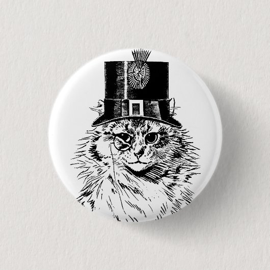 シルクハットのSteampunk猫の子猫 缶バッジ (正面)