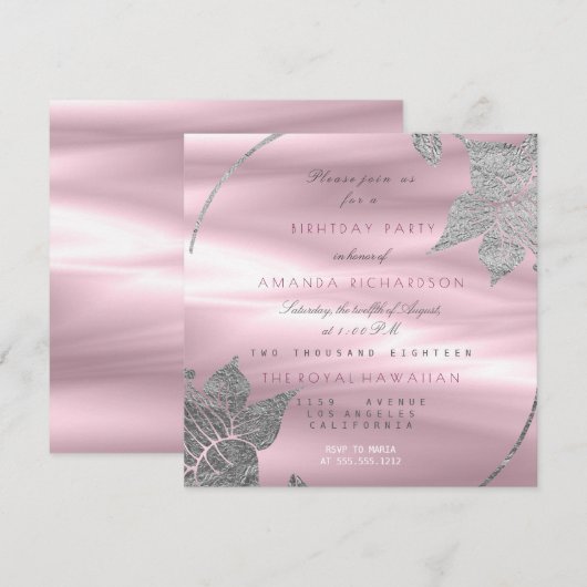 シルクフローラグラムリリーシルバーパープルバースデーパーティー 招待状 (正面/裏面)