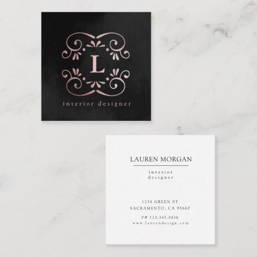 シルクブラックバラ金ゴールドフェイク箔フローリッシュモノグラム スクエア名刺 (正面/裏面)