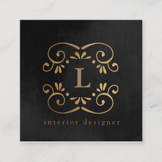 シルクブラック金ゴールドフェイク箔フローリッシュモノグラム スクエア名刺 (正面)