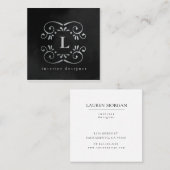 シルクブラック銀フェイク箔フローリッシュモノグラム スクエア名刺 (正面/裏面)