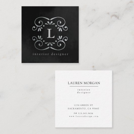 シルクブラック銀フェイク箔フローリッシュモノグラム スクエア名刺 (正面/裏面)