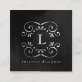 シルクブラック銀フェイク箔フローリッシュモノグラム スクエア名刺 (正面)