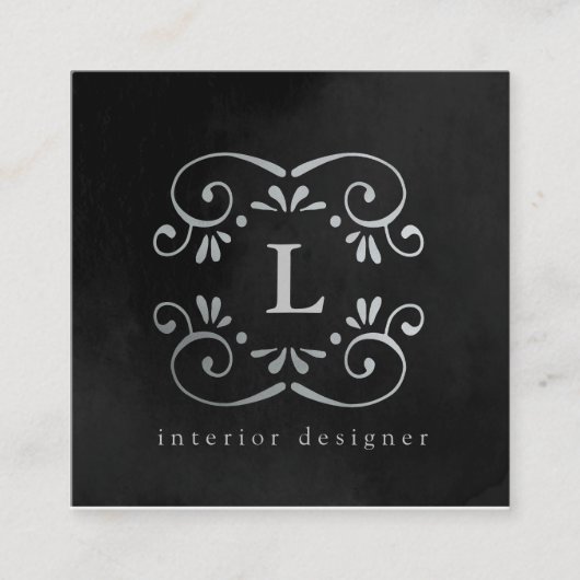 シルクブラック銀フェイク箔フローリッシュモノグラム スクエア名刺 (正面)