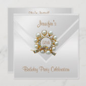 シルクホワイト50thバースデーパーティー金ゴールドパールジュエル 招待状 (正面/裏面)