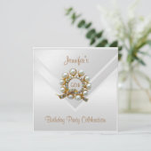 シルクホワイト50thバースデーパーティー金ゴールドパールジュエル 招待状 (スタンド正面)