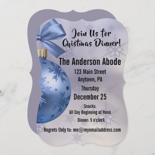 シルクリボンに浮かぶ美しい青いボブルのオーナメント 招待状 (正面/裏面)