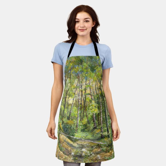 シルク絵画に浮かぶ木立の水色 エプロン (着用した状態)