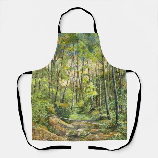 シルク絵画に浮かぶ木立の水色 エプロン (正面)