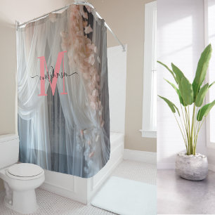 シルク ホワイト ピンク モノグラム モダン スクリプト ウェディング シャワーカーテン