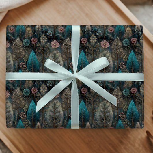 シルバお洒落ーとブルーのデザインのクリスマスツリー ラッピングペーパー