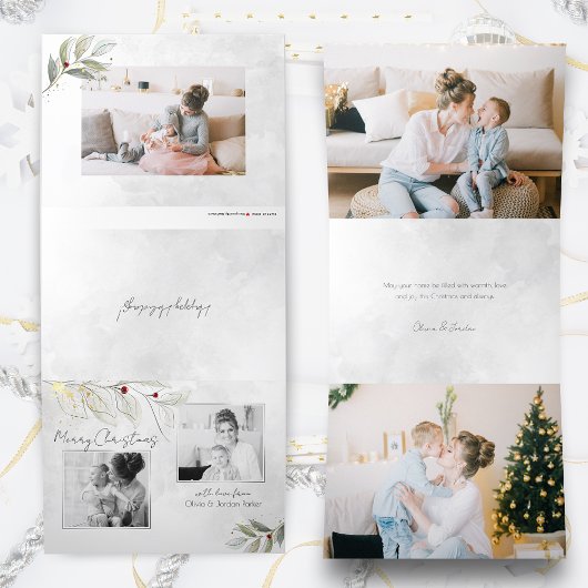 シルバエレガントスモダン・クリスマス・フローラ2枚 – 写真 三つ折りクリスマスカード