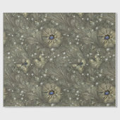 シルバエレガントリーグレイ、ブルー&アイボリーフローラ&ビーズ ラッピングペーパー (フラット)