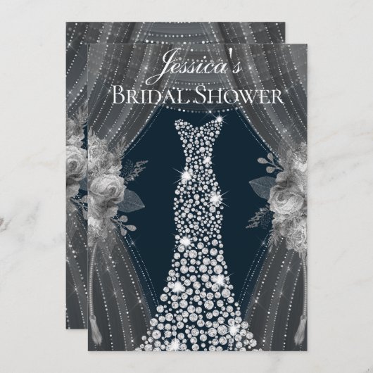 シルバエレガントーカーテンネイビードレスブライダルシャワー 招待状 (正面/裏面)