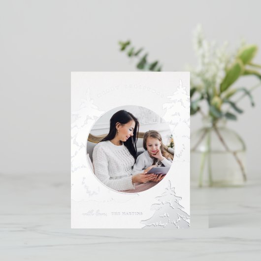 シルバエレガントークリスマスツリーツーフォトホリデー 箔シーズンポストカード (立ち正面)