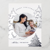 シルバエレガントークリスマスツリーツーフォトホリデー 箔シーズンポストカード (正面)