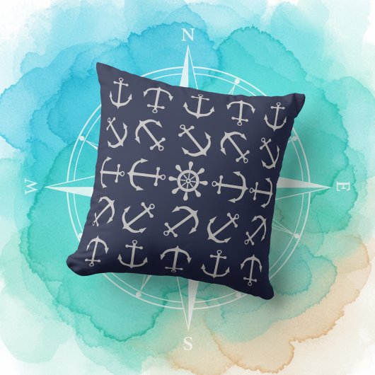 シルバエレガントーグレーオンネイビーブルーいかりプリントソファ クッション