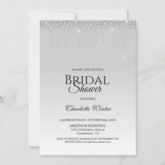 シルバエレガントーダイアモンズブライダルシャワー招待 招待状 (正面)