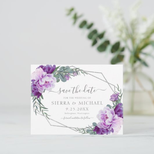 シルバエレガントーパープルフローラは日付を保存結婚する 案内ポストカード (スタンド正面)