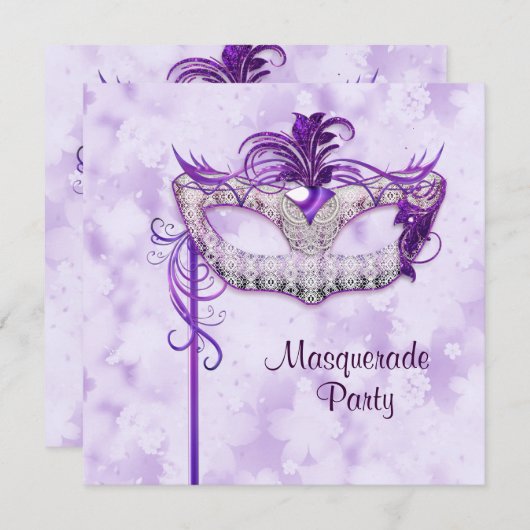 シルバエレガントーパープルマスカレードパーティー 招待状 (正面/裏面)