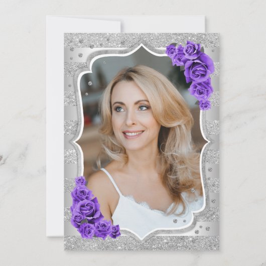 シルバエレガントーパープル写真50誕生日 招待状 (裏面)