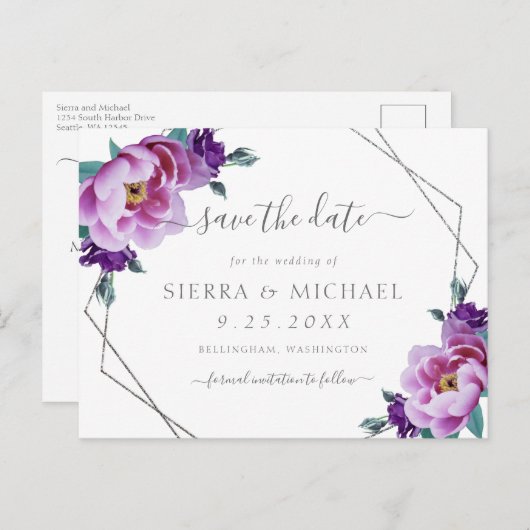シルバエレガントーパープル牡丹フローラ保存日 案内ポストカード (正面/裏面)