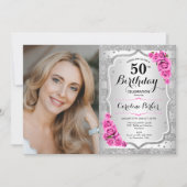 シルバエレガントーピンクローズ写真50誕生日 招待状 (正面)