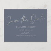 シルバエレガントーフォイルのブルーウェディングは日付を保存 案内ポストカード (正面)