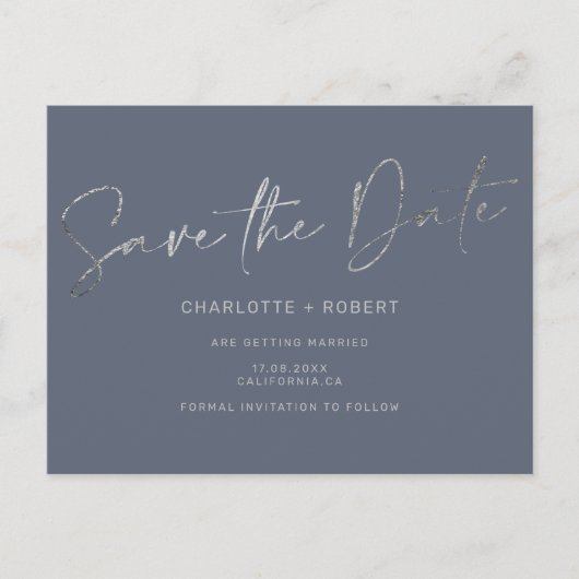 シルバエレガントーフォイルのブルーウェディングは日付を保存 案内ポストカード (正面)