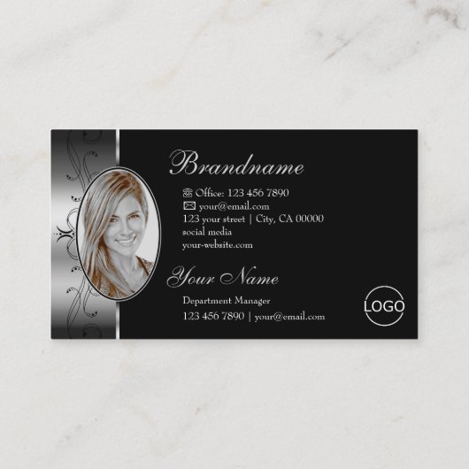 シルバエレガントーブブラックの四角い宝石のロゴ&写真 名刺 (裏面)