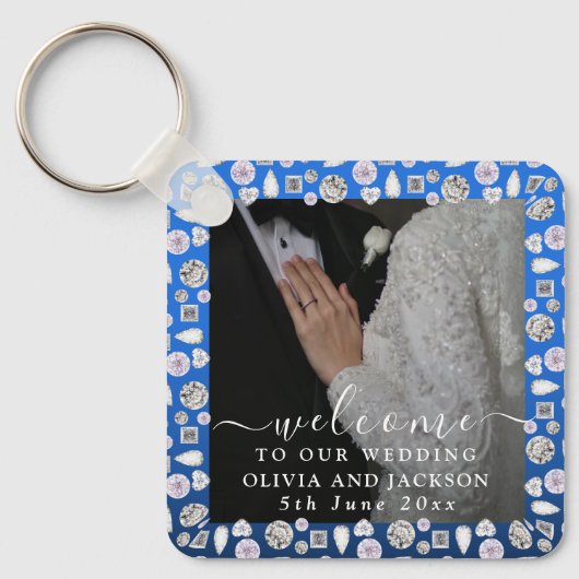 シルバエレガントーブルーハートダイヤモンドグリッター結婚ズ キーホルダー (正面)