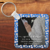 シルバエレガントーブルーハートダイヤモンドグリッター結婚ズ キーホルダー (正面)