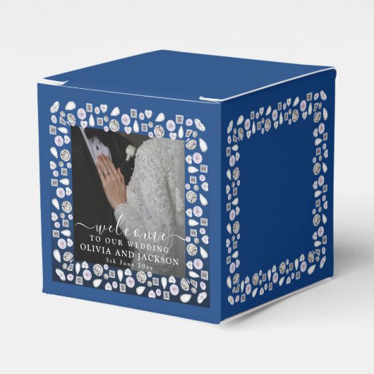 シルバエレガントーブルーハートダイヤモンドグリッター結婚ズ フェイバーボックス (正面サイド)