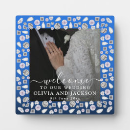 シルバエレガントーブルーハートダイヤモンドグリッター結婚ズ フォトプラーク