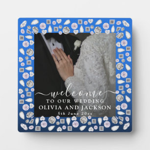 シルバエレガントーブルーハートダイヤモンドグリッター結婚ズ フォトプラーク