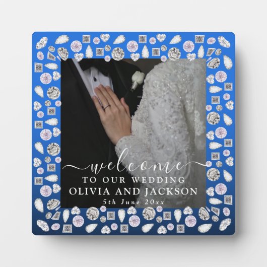 シルバエレガントーブルーハートダイヤモンドグリッター結婚ズ フォトプラーク (正面)