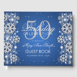 シルバエレガントーブルー50誕生日冬グリッター ゲストブック