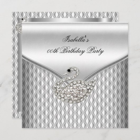 シルバエレガントーホワイトスワン誕生日パーティー 招待状 (正面/裏面)