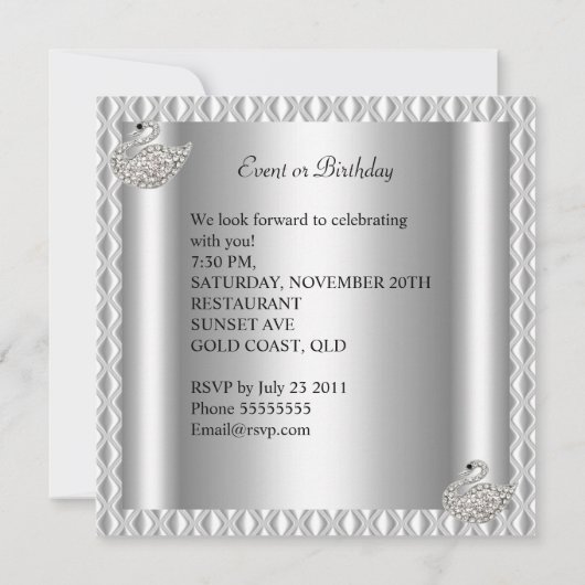 シルバエレガントーホワイトスワン誕生日パーティー 招待状 (裏面)