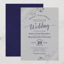 シルバエレガントーレースネイビーフォーマルグレイ結婚ズ 招待状