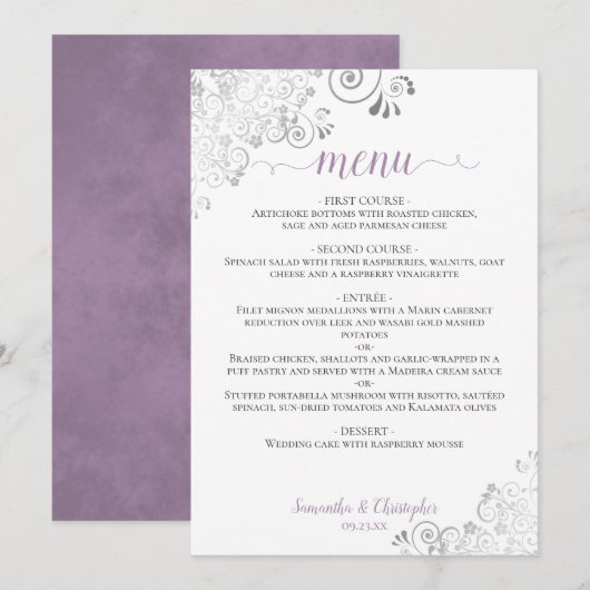 シルバエレガントーレースラベンダーオンホワイト結婚ズ メニュー (正面/裏面)