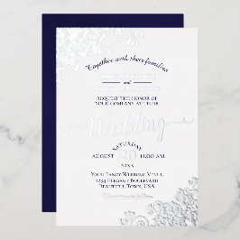 シルバエレガントーレース&ネイビーブルーonホワイト結婚ズ 箔招待状