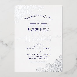 シルバエレガントーレース&ネイビーブルーonホワイト結婚ズ 箔招待状