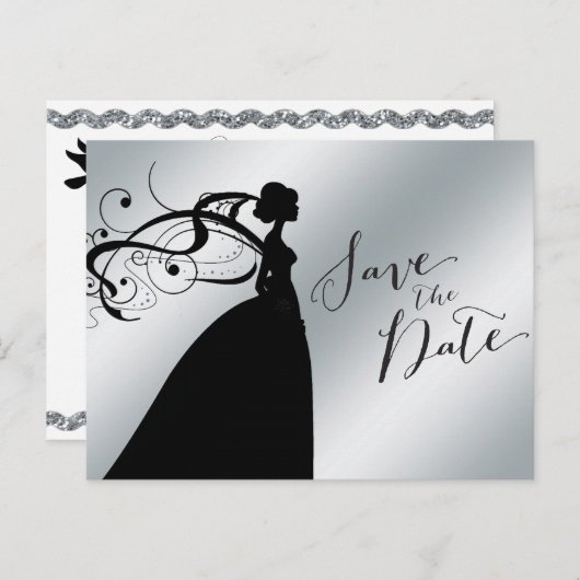 シルバエレガントー新婦と日付を保存 案内ポストカード (正面/裏面)