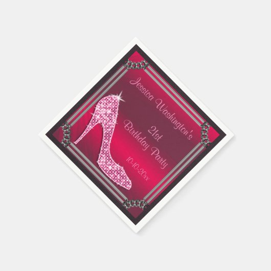 シルバエレガントー枠ピンクスティレット21歳の誕生日 スタンダードカクテルナプキン (角)