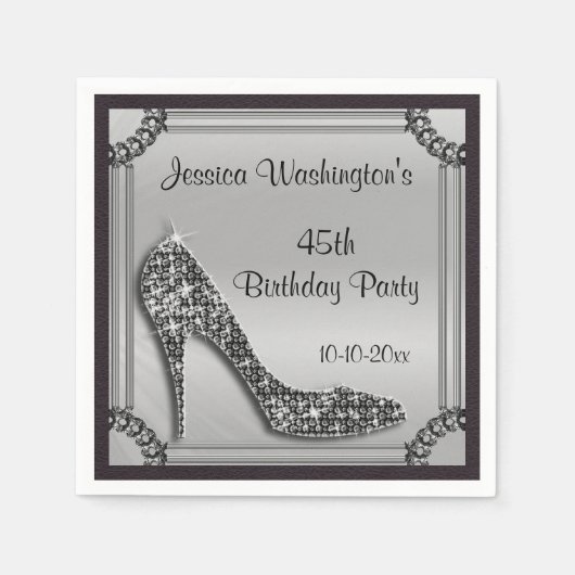 シルバエレガントー枠ブラックスティレット45誕生日 スタンダードカクテルナプキン (正面)