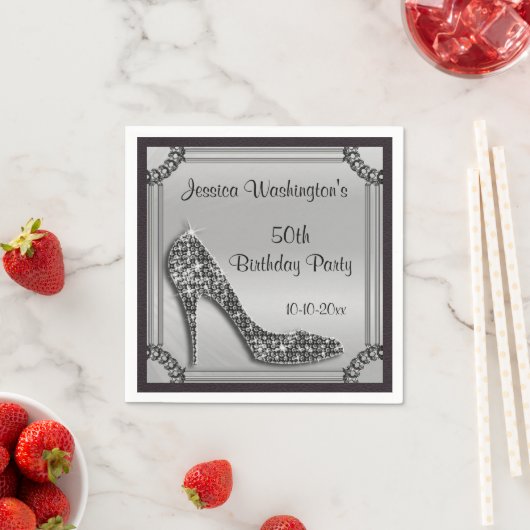 シルバエレガントー枠ブラックスティレット50誕生日 スタンダードカクテルナプキン (インサイチュ)