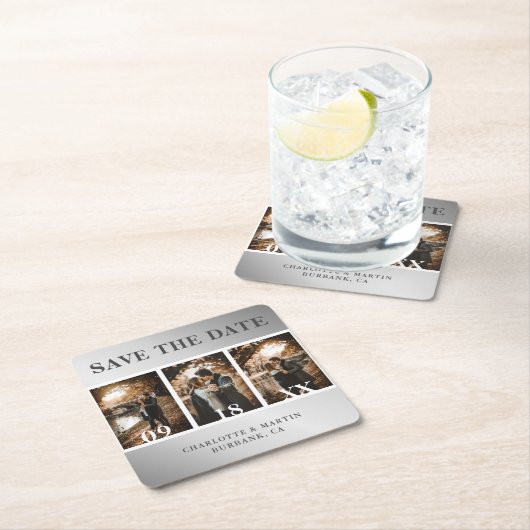 シルバエレガントー結婚の写真コラージュ日付を保存 スクエアペーパーコースター (インサイチュ)